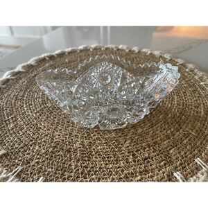 Vintage Cut Glass Oval Bowl Scalloped Sawtooth Rim Hobstar Crystal Candy Dish